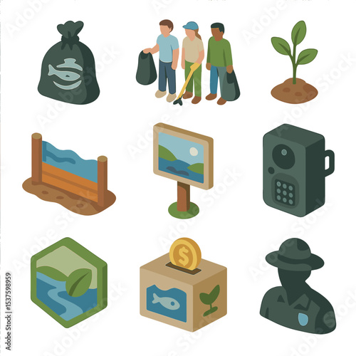 River Conservation Icons. Isometric Flat icon set of river conservation efforts: trash cleanup bag, volunteer group, native