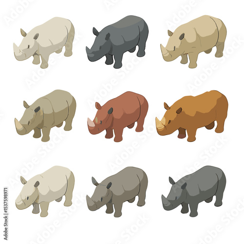 Isometric Rhino Icons. Isometric Flat icon set of rhino species: white rhinoceros, black rhinoceros, greater one-horned rhinoceros
