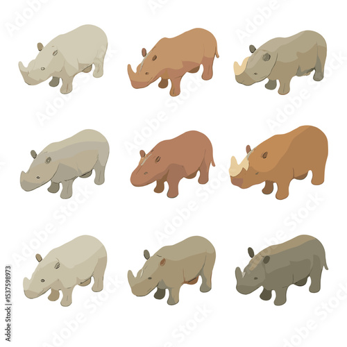 Isometric Rhino Icons. Isometric Flat icon set of rhino species: white rhinoceros, black rhinoceros, greater one-horned rhinoceros