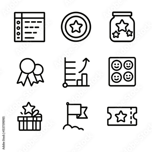 Reward System Icons. Outline icon set of reward systems: point chart, token coin, reward jar, badge ribbon, progress ladder,