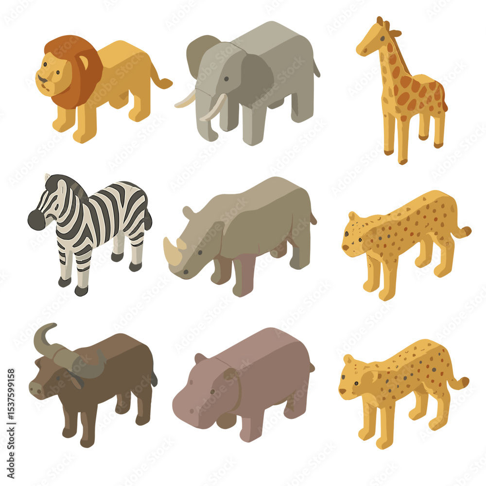 Obraz premium Safari Animal Icons. Isometric Flat icon set of safari animals: lion, elephant, giraffe, zebra, rhinoceros, leopard, buffalo,