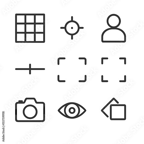 Rule of Thirds Icons. Outline icon set of rule of thirds composition: grid overlay, intersection point, subject silhouette,