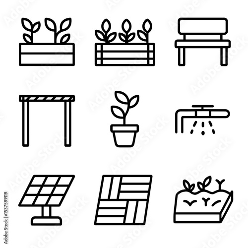 Rooftop Garden Icons. Outline icon set of rooftop gardens: raised bed, rooftop rail, bench, pergola, potted plant, irrigation pipe