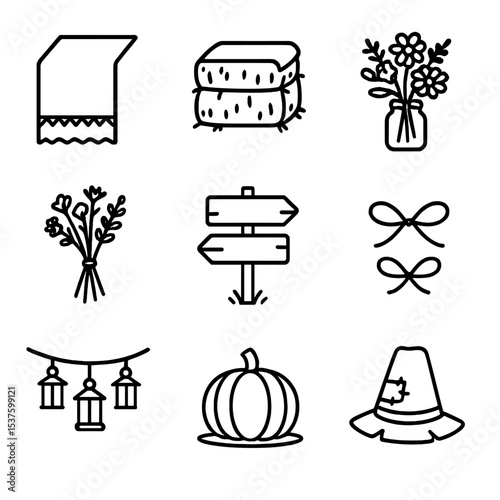 Rustic Wedding Icons. Outline icon set of rustic wedding decor: burlap table runner, hay bale seating, mason jar vase, wildflower