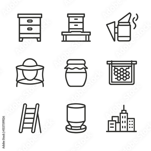 Rooftop Beekeeping Icons. Outline icon set of rooftop beekeeping setups: hive box, rooftop platform, bee smoker, protective veil,