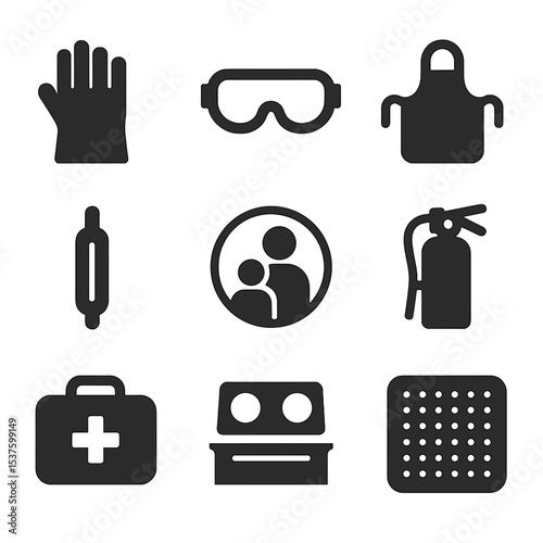 Safety Equipment Icons. Solid, Filled icon set of safety equipment: heat-resistant glove, safety goggle, apron, candy thermometer,