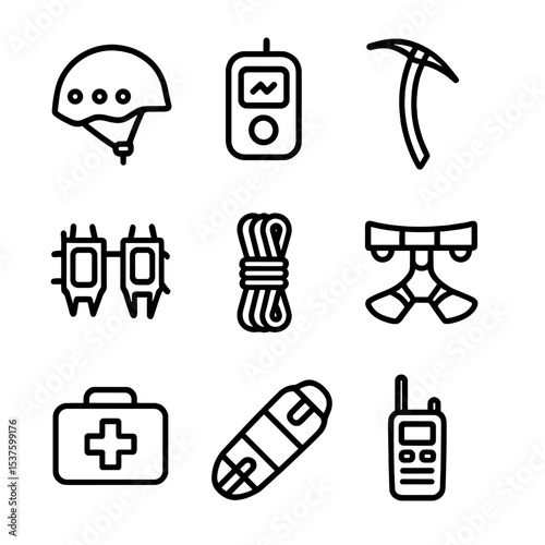 Safety Gear Icons. Outline icon set of safety and rescue equipment: helmet, avalanche beacon, ice axe, crampons, rope, harness,