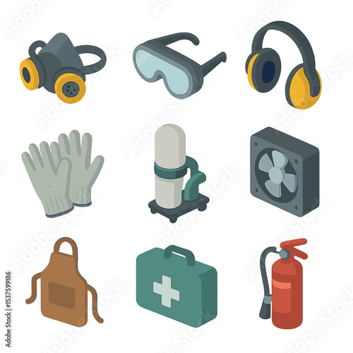 Safety Gear Icons. Isometric Flat icon set of safety gear and workspace: respirator mask, safety goggles, ear protection, cutting