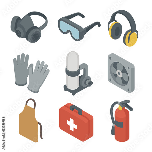 Safety Gear Icons. Isometric Flat icon set of safety gear and workspace: respirator mask, safety goggles, ear protection, cutting