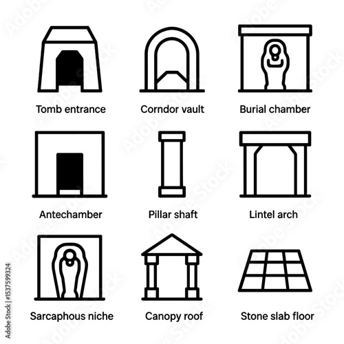 Sarcophagus Icon Set. Outline icon set of sarcophagus architectural context: tomb entrance, corridor vault, burial chamber,
