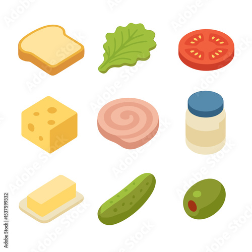 Sandwich Ingredients Icons. Isometric Flat icon set of sandwich ingredients: sliced bread, lettuce leaf, tomato slice, cheese