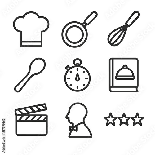 Satirical Cooking Icons. Outline icon set of satirical cooking shows: chef hat, frying pan, whisk, oversized spoon, timer,