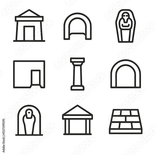 Sarcophagus Icon Set. Outline icon set of sarcophagus architectural context: tomb entrance, corridor vault, burial chamber,