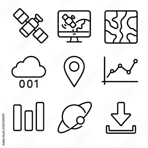 Satellite Monitoring Icons. Outline icon set of satellite monitoring: satellite, remote sensing screen, NDVI map, data cloud, GPS
