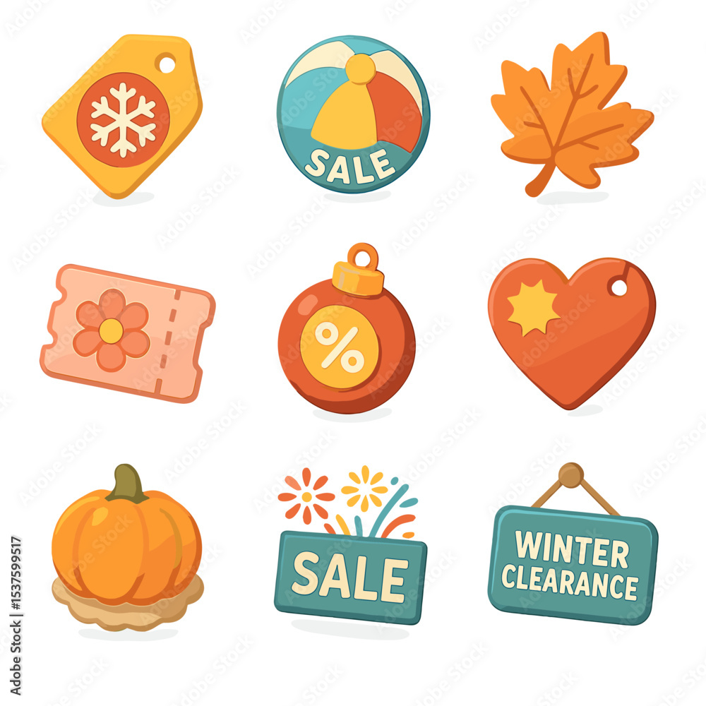 Fototapeta premium Seasonal Promotion Icons. Isometric Flat icon set of seasonal promotions: snowflake discount tag, beach ball sale sticker, autumn