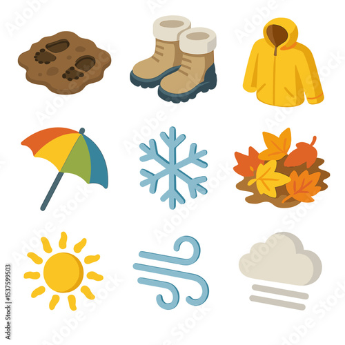 Seasonal Hiking Icons. Isometric Flat icon set of seasonal hiking conditions: muddy trail, snow boots, rain jacket, sun umbrella,