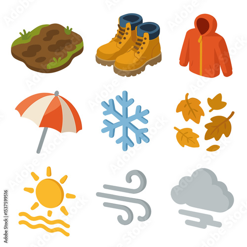 Seasonal Hiking Icons. Isometric Flat icon set of seasonal hiking conditions: muddy trail, snow boots, rain jacket, sun umbrella,
