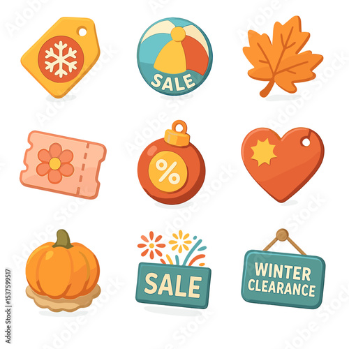 Seasonal Promotion Icons. Isometric Flat icon set of seasonal promotions: snowflake discount tag, beach ball sale sticker, autumn