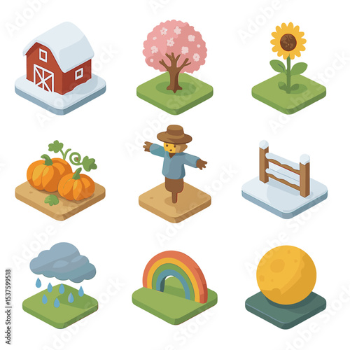 Seasonal Farmstead Icons. Isometric Flat icon set of seasonal farmstead scenes: snow-covered barn, spring bloom tree, summer