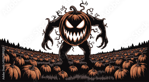Spooky halloween pumpkin monster stands in a field of pumpkins ready for the season.