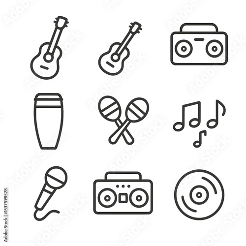 Seaside Music Icons. Outline icon set of seaside music: acoustic guitar, ukulele, portable speaker, conga drum, maracas, music