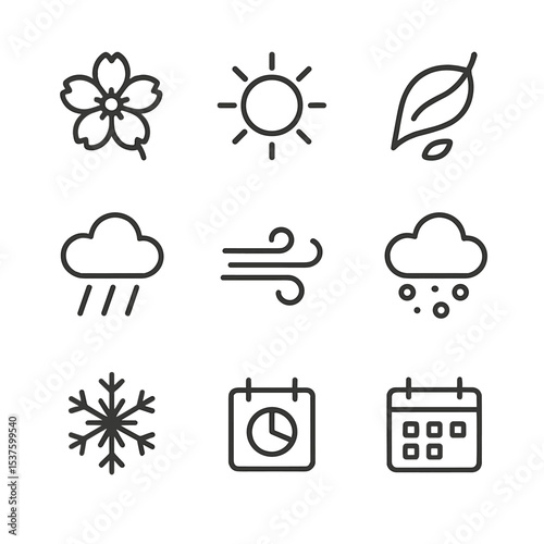 Seasonal Trail Icons. Outline icon set of seasonal trail variations: cherry blossom, summer sun, falling leaf, snowflake, rain