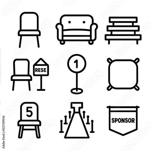 Seating Arrangement Icons. Outline icon set of seating arrangements: front row chair, VIP sofa, bleacher bench, reserved sign,