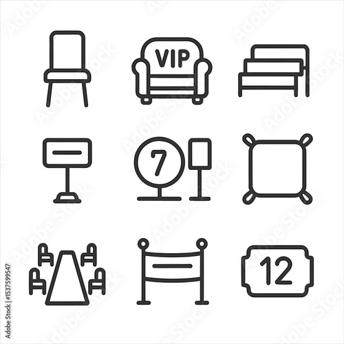 Seating Arrangement Icons. Outline icon set of seating arrangements: front row chair, VIP sofa, bleacher bench, reserved sign,