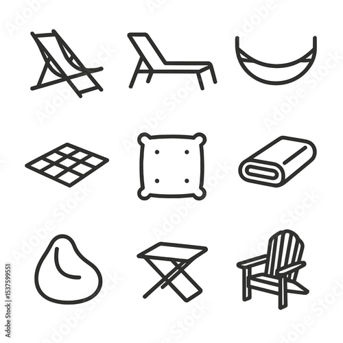 Seating Icon Set. Outline icon set of seating options: beach chair, lounge chair, hammock, picnic blanket, floor cushion, straw