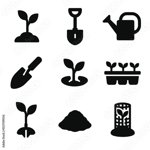 Seedling Planting Icons. Solid, Filled icon set of seedling planting operations: sapling, shovel, trowel, watering can, seedling