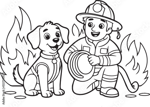 Cartoon illustration of a cheerful firefighter with his canine companion amidst flames