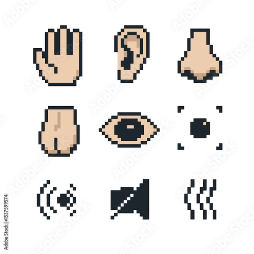 Sensory Anchor Icons. Pixel art icon set of sensory anchors: touch hand, listening ear, smelling nose, tasting tongue, observing