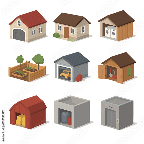 Service Area Icons. Isometric Flat icon set of service and utility areas: carriage house, staff quarters, laundry wing, kitchen
