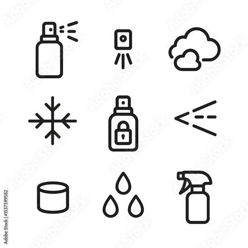 Setting Spray Icon Set. Outline icon set of setting spray & mist: mist bottle, fine nozzle, hydration cloud, cooling effect,