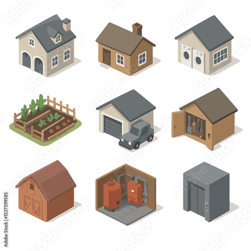 Service Area Icons. Isometric Flat icon set of service and utility areas: carriage house, staff quarters, laundry wing, kitchen