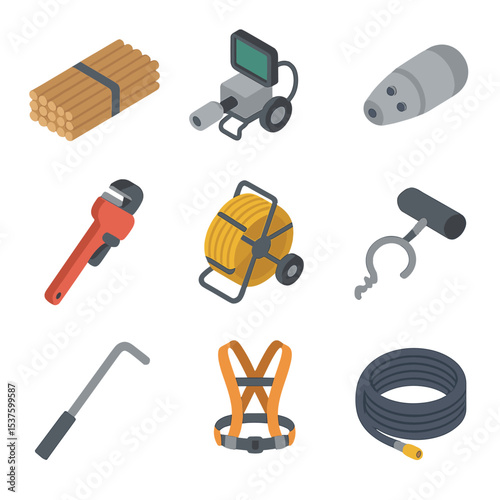 Sewer Tools Icons. Isometric Flat icon set of sewer maintenance tools: drain rod, CCTV inspection camera, hydro jetting nozzle,