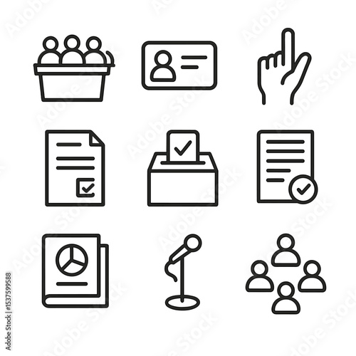 Shareholder Meeting Icons. Outline icon set of shareholder meetings and voting: meeting podium, shareholder card, voting hand,