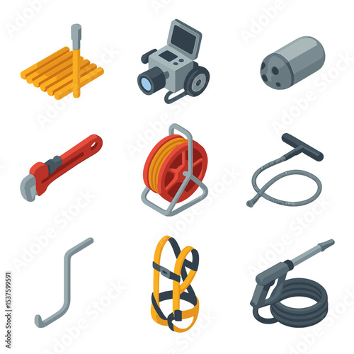 Sewer Tools Icons. Isometric Flat icon set of sewer maintenance tools: drain rod, CCTV inspection camera, hydro jetting nozzle,
