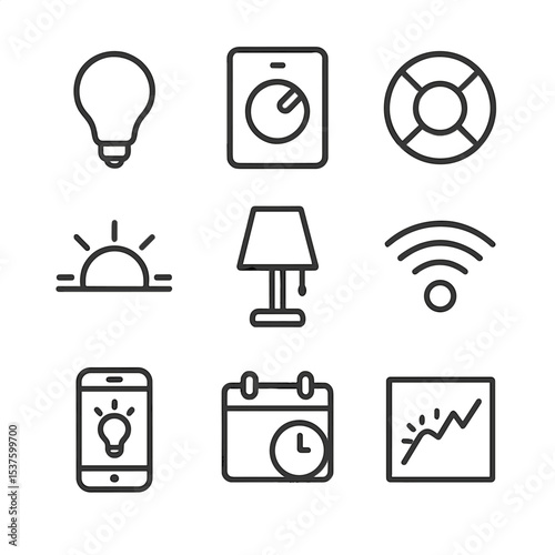 Smart Lighting Icons. Outline icon set of smart lighting control: smart bulb, dimmer switch, color wheel, sunrise simulator,