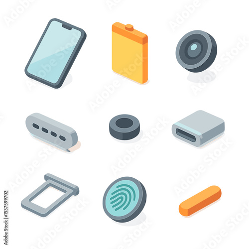 Isometric Smartphone Components. Isometric Flat icon set of smartphone hardware components: touchscreen display, battery, camera