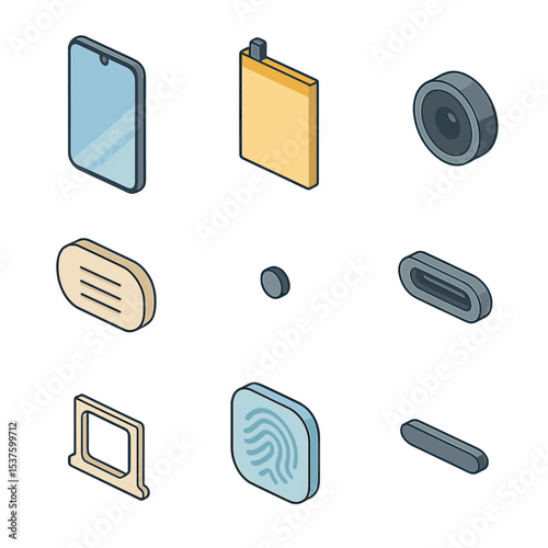 Isometric Smartphone Components. Isometric Flat icon set of smartphone hardware components: touchscreen display, battery, camera