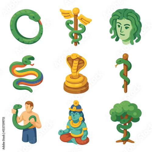Snake Mythology Icons. Isometric Flat icon set of snake mythology symbols: ouroboros circle, caduceus staff, Medusa head, rainbow