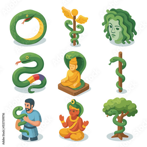 Snake Mythology Icons. Isometric Flat icon set of snake mythology symbols: ouroboros circle, caduceus staff, Medusa head, rainbow