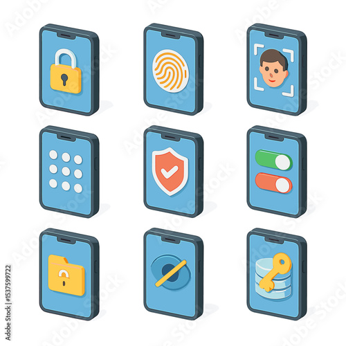 Smartphone Security Icons. Isometric Flat icon set of smartphone security features: lock screen, fingerprint unlock, face