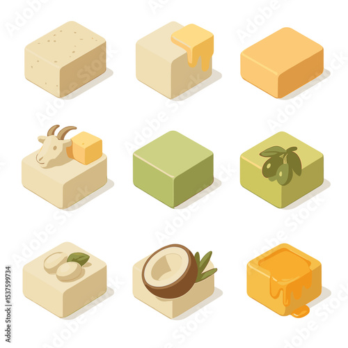 Soap Base Icons. Isometric Flat icon set of soap base types: cold process base, melt and pour base, glycerin base, goat milk base,