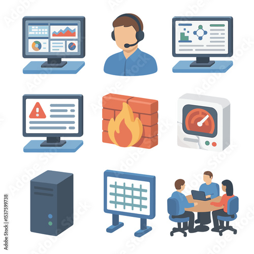 SOC Icons Grid. Isometric Flat icon set of security operations center: SOC dashboard, analyst avatar, SIEM screen, alert queue,