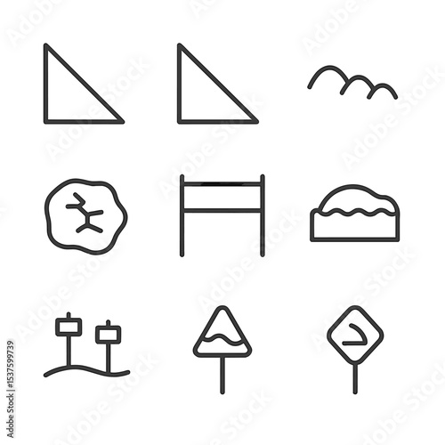 Snow Hill Icon Set. Outline icon set of snow hill features: steep slope, gentle incline, mogul bumps, ice patch, packed snow track