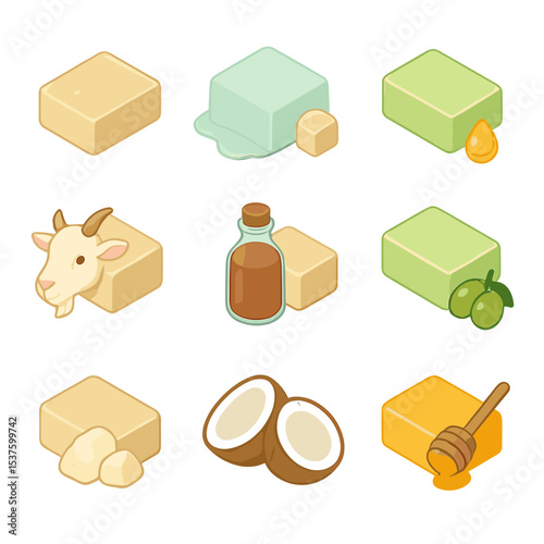 Soap Base Icons. Isometric Flat icon set of soap base types: cold process base, melt and pour base, glycerin base, goat milk base,