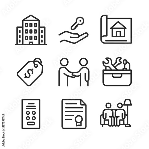 Social Housing Icons. Outline icon set of social housing projects: house block, key handover, blueprint scroll, affordability tag,