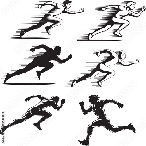Monochrome illustrations of sprinting athletes depicting speed and athleticism in motion